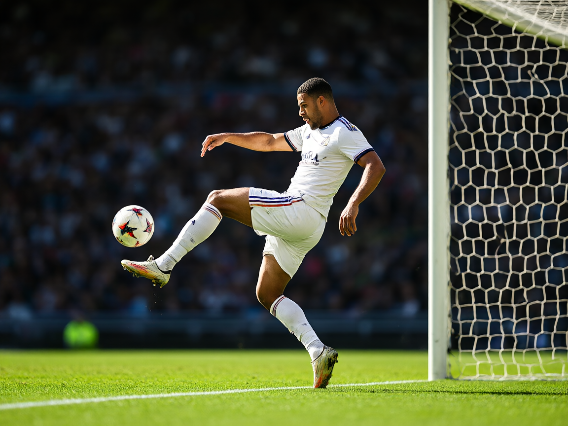 足球比赛精彩瞬间，球员射门进攻场面